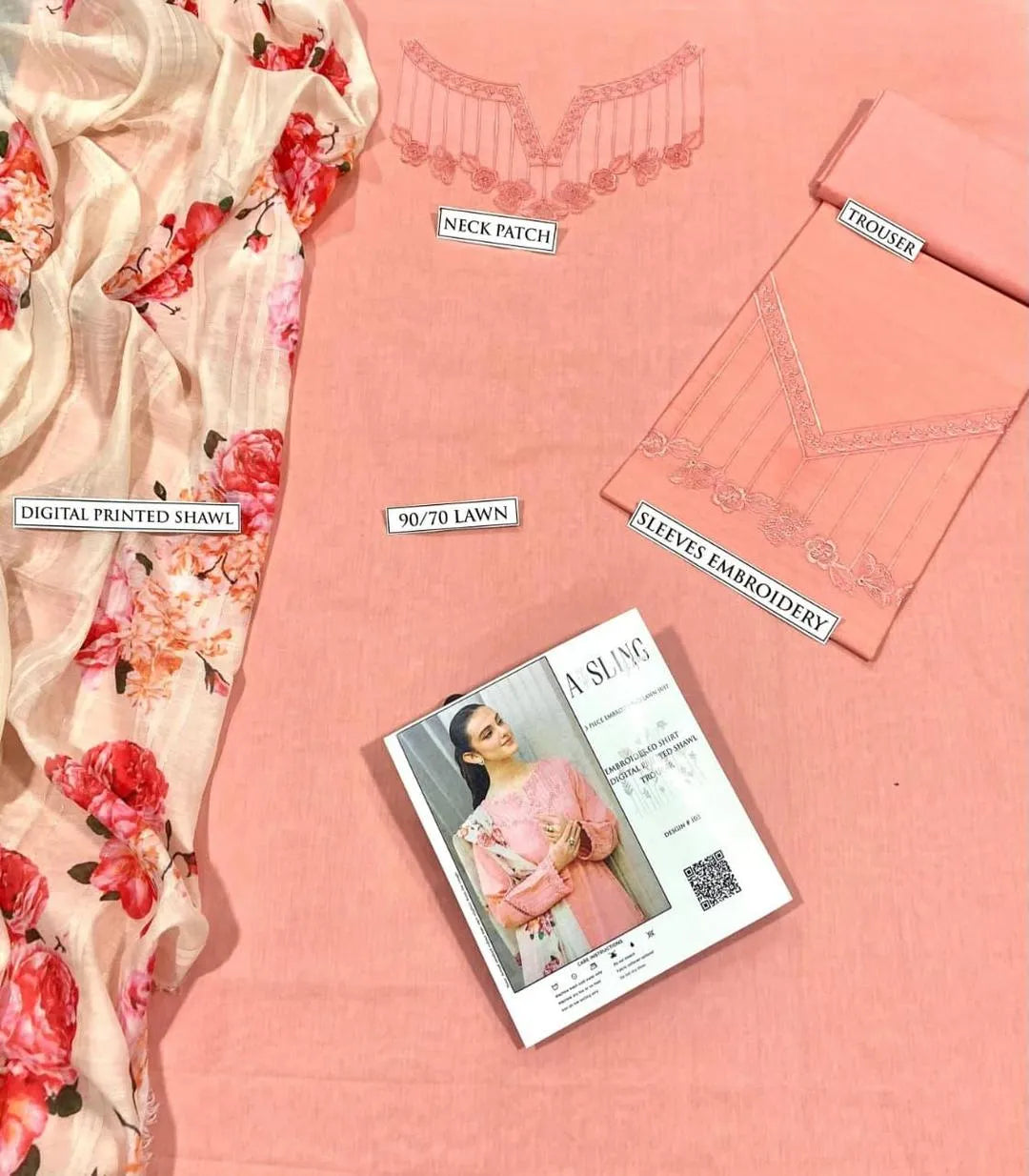 Peach Embroidered Lawn