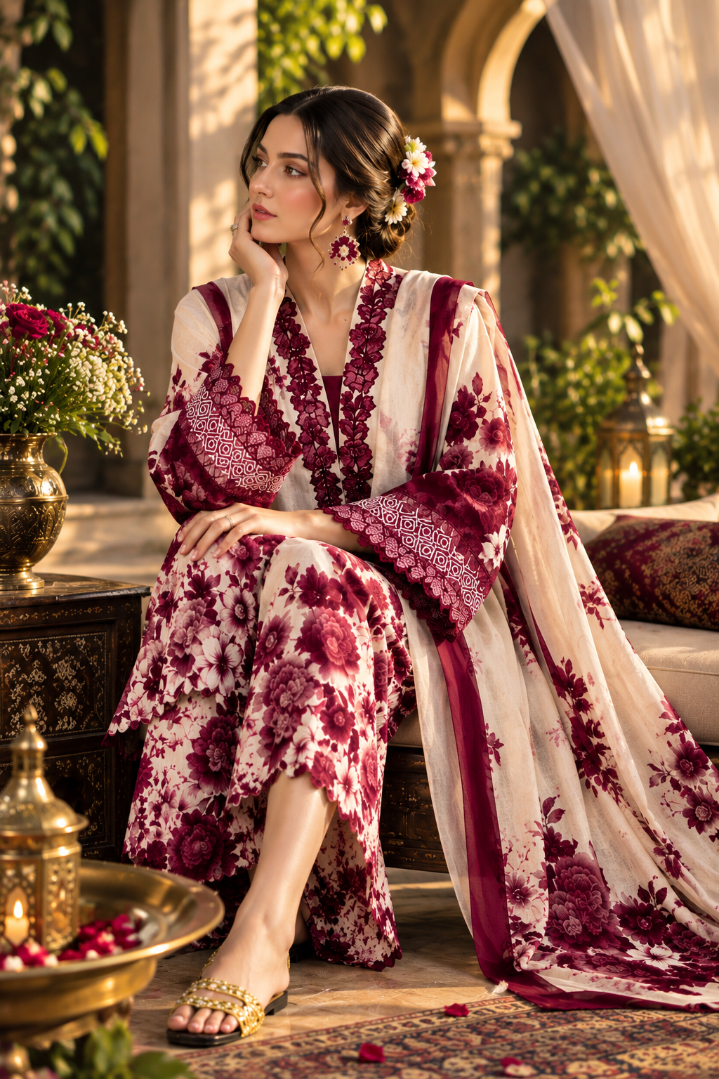 3 Pcs Maroon Silky Printed Suit for Women