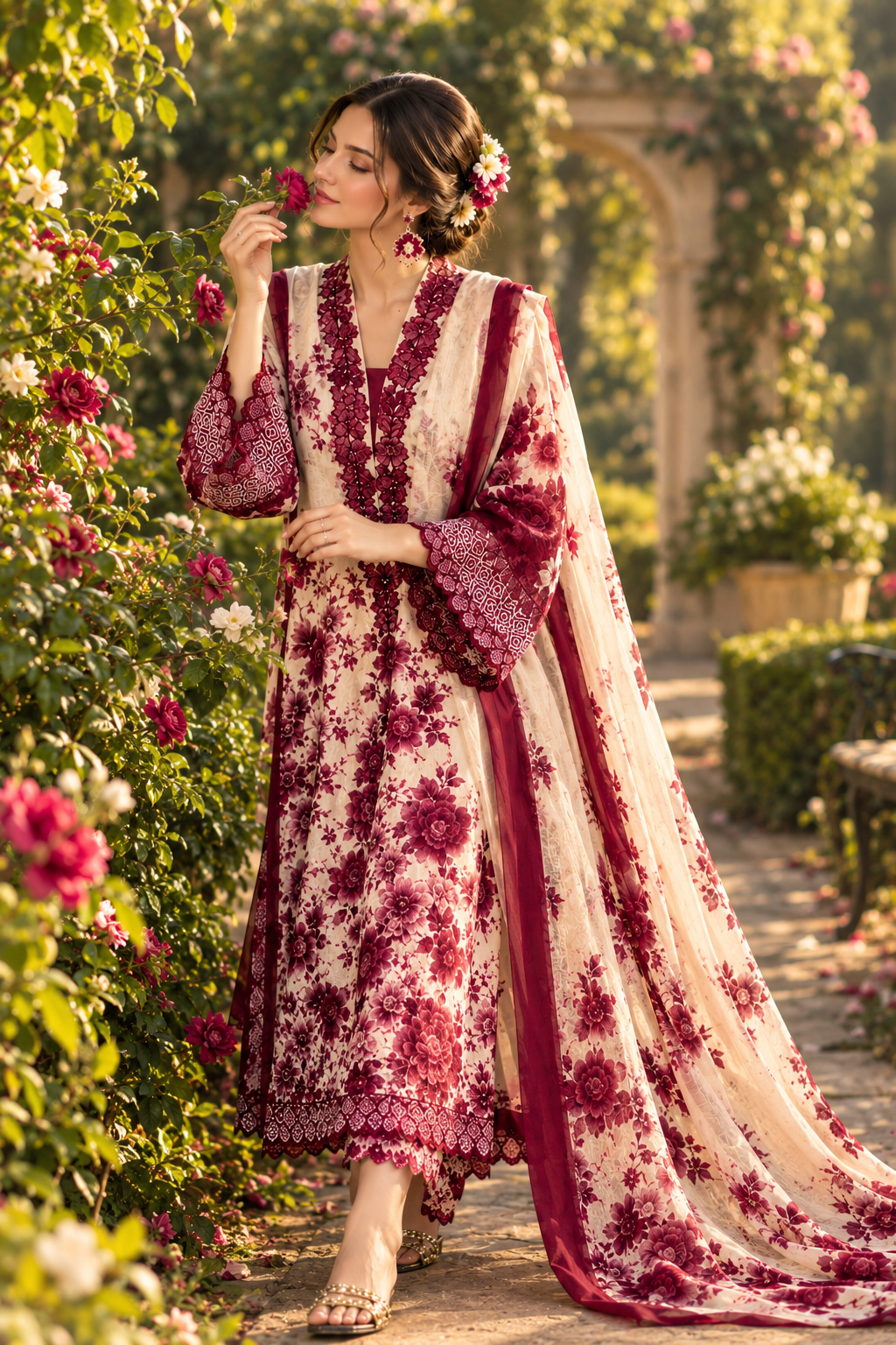 3 Pcs Maroon Silky Printed Suit for Women