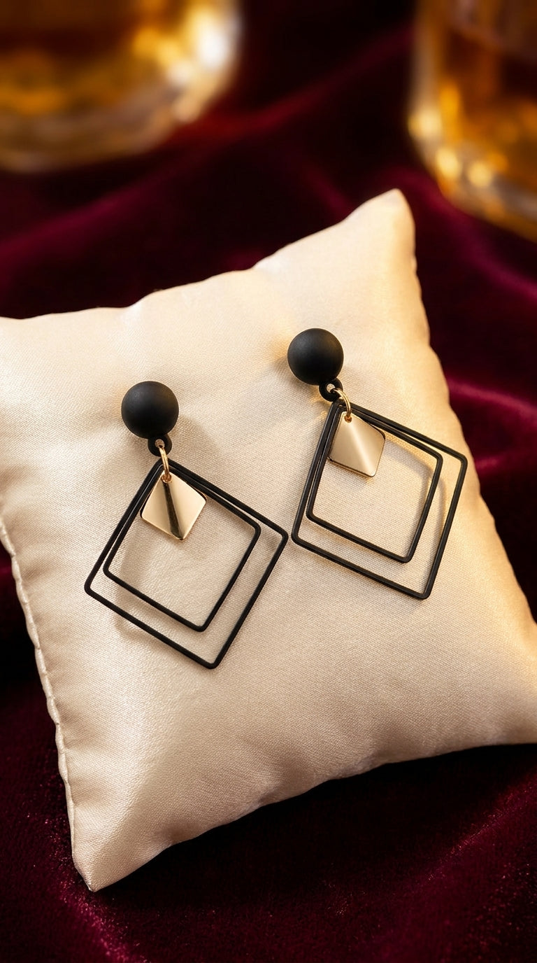 Square Black Gold Ear-Ring