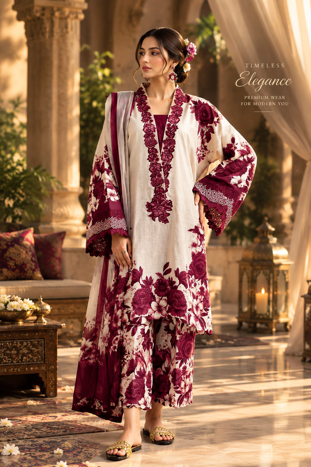 3 Pcs Maroon Silky Printed Suit for Women
