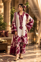 3 Pcs Maroon Silky Printed Suit for Women