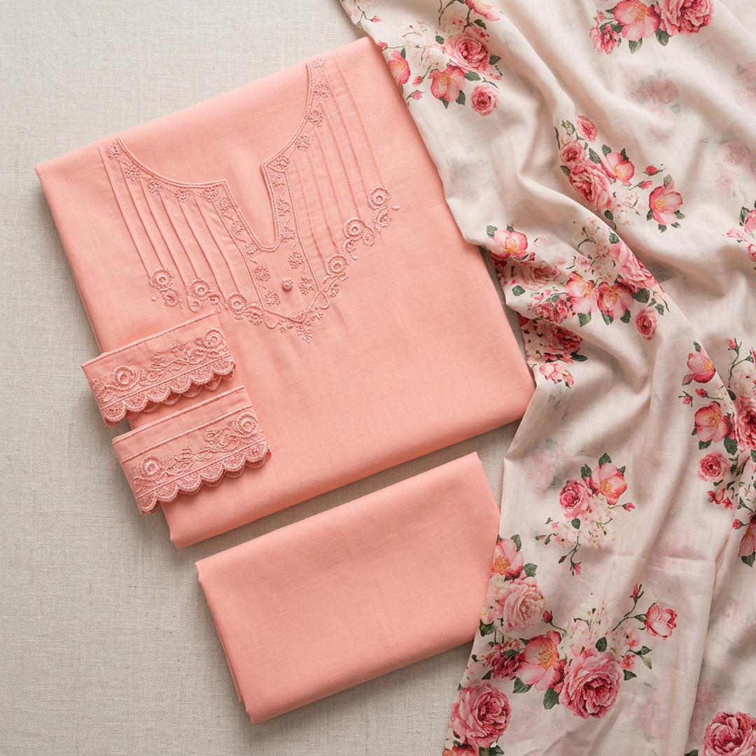 Peach Embroidered Lawn